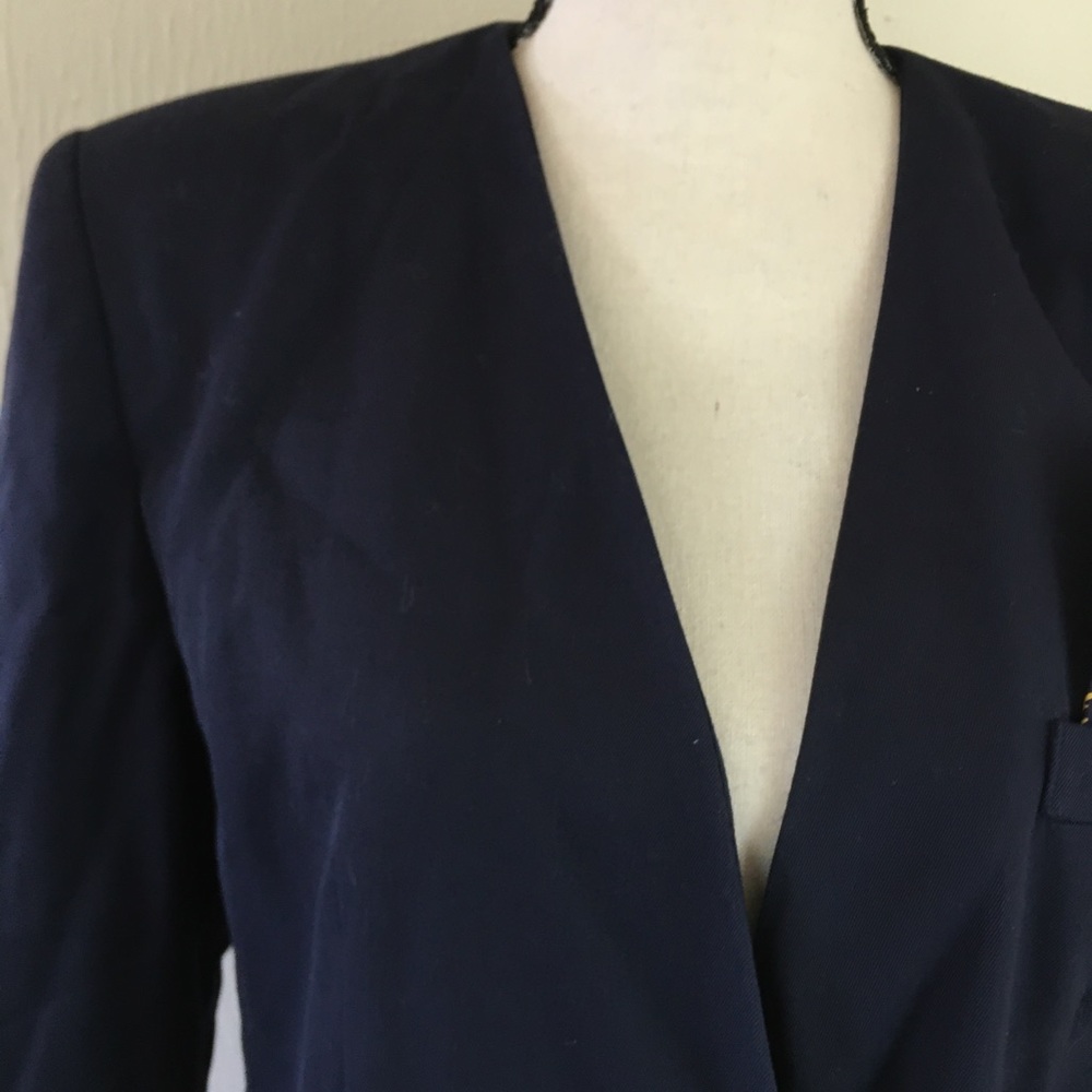 Vintage 90s Kasper Navy Blue Skirt Suit Pleated Double Breasted Collarless 14 - Picture 4 of 8